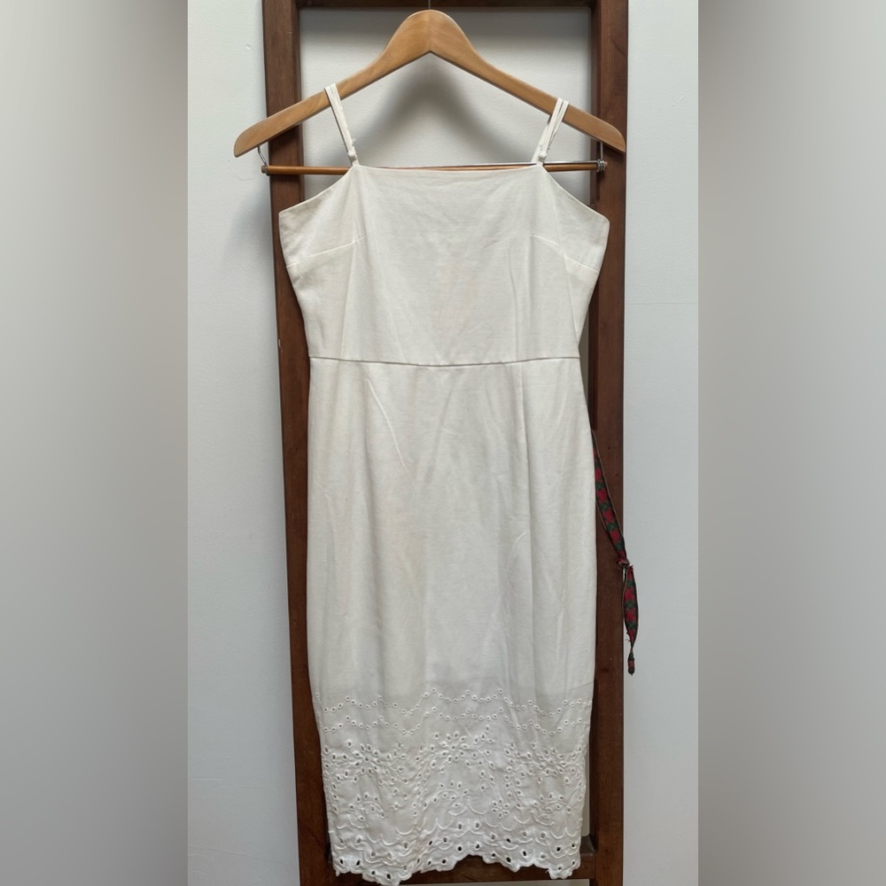 Row A dress white/cream large Linen and Cotten blend embroidered hem